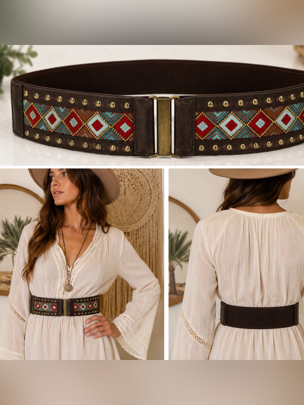 HYDE Boho Western Stretch Belt L Embroidered Leather Studded Wide Waist Belt